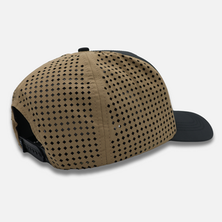 AQWA black and brown snapback hat with laser-cut ventilation – lightweight and breathable for coastal hikes and beach treks.