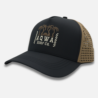 AQWA black and brown surf hat with embroidered palm tree design – built for outdoor beach adventures and sunny trails.