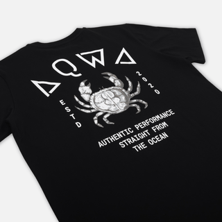 Angled back view of AQWA crab design shirt — rugged and stylish for saltwater sport days.