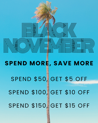 AQWA Black November hero banner with palm tree and “Spend More, Save More” Black Friday month-long deals on Puerto Rico beachwear.