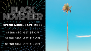 AQWA Black November hero graphic—palm tree and “Spend More, Save More” tiered Black Friday deals for Puerto Rico coastal apparel.