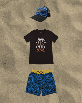 Black AQWA t-shirt with palm tree design, blue abstract shorts, and matching cap. Perfect for ocean outings and summer fun.