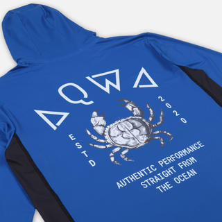Angled back view of AQWA blue rash guard showcasing large crab graphic – a bold look for serious boaters and fishermen.