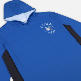 Angled front view of AQWA blue rash guard with crab chest print – built for high-performance under sun and salt.