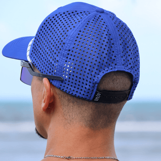 AQWA blue mesh hat shown from behind, showcasing breathable design and snapback fit.