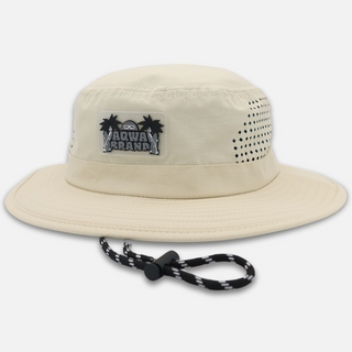 Beige AQWA boonie hat with vented side panels and front patch – ventilated for high-heat summer days.
