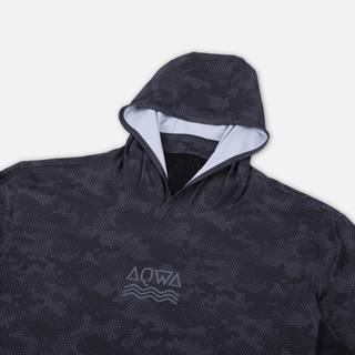 Close-up of AQWA camo hood design – built for coastal fishing missions and boat-ready coverage.