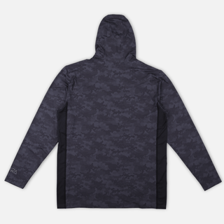 Rear view of AQWA camo rash guard with hood – built for sun protection and boat adventures.