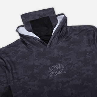 Detail view of AQWA neck vent panel – engineered airflow for fishing under tropical heat.