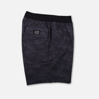 Folded side view of AQWA dark camo shorts showcasing back pocket and streamlined silhouette – built for versatility and movement.