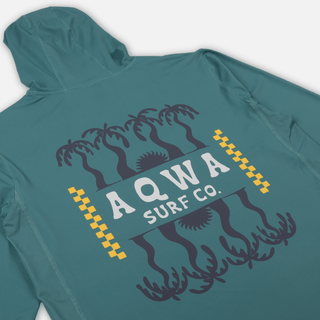 AQWA beach rash guard front view angled left, highlighting side mesh panels and minimal front logo.