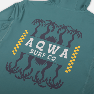 AQWA beach rash guard front angled right showing lightweight hood and relaxed tropical fit.