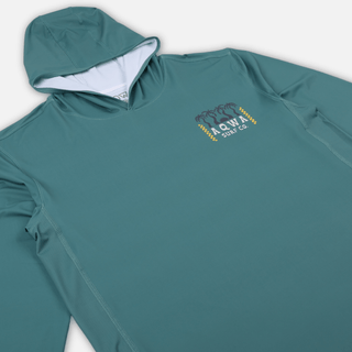 AQWA beach rash guard front view angled left, highlighting side mesh panels and minimal front logo.