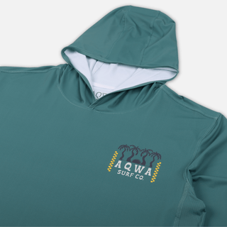 AQWA beach rash guard front angled right showing lightweight hood and relaxed tropical fit.