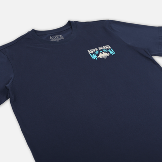 Angled look at AQWA tropical tee showing front chest print – made to chill where the sea meets the sand.