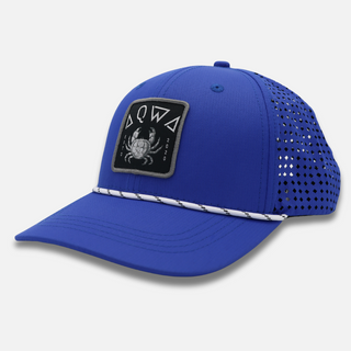 AQWA blue performance hat with embroidered crab patch – ideal for beach hiking, fishing, and tropical surf days.
