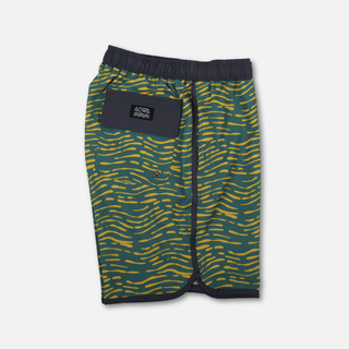 Right side profile of AQWA swim trunks showing flap pocket and modern fit.
